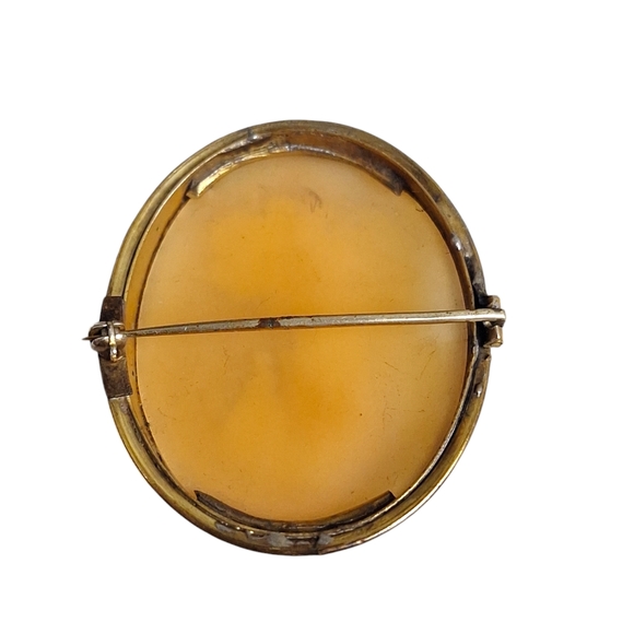 Vtg 14K GF Carved Shell Cameo Brooch 1.25" Prairie Country Themed House Women - Picture 7 of 8